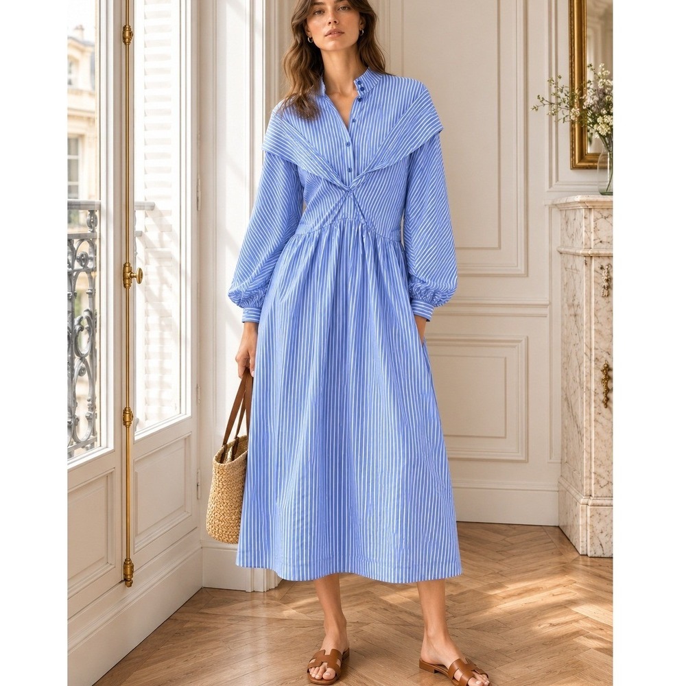 Batsheva Blue White Striped Sailor Collar Cotton Midi Dress Pockets Size Large